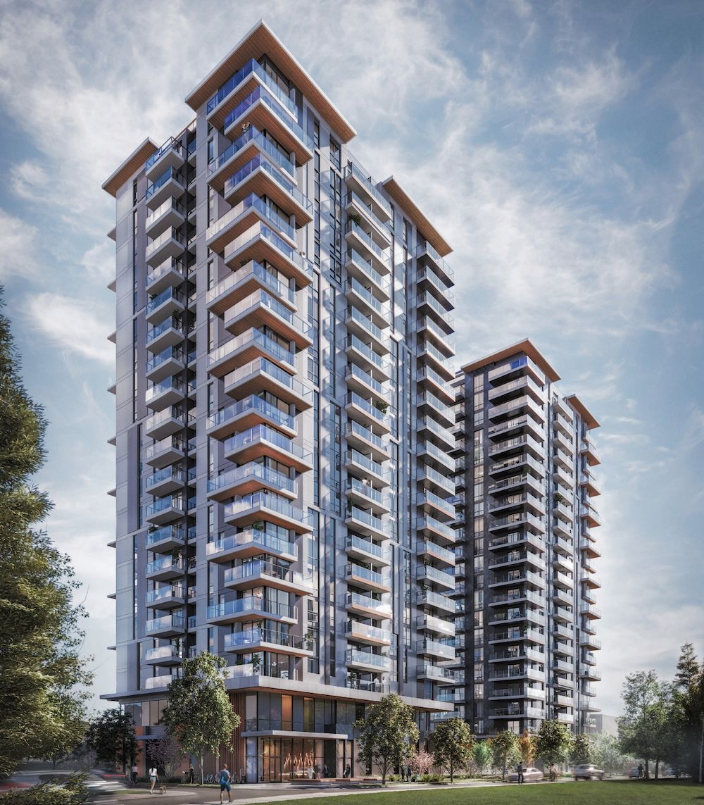 Concept rendering: two contemporary residential towers with glass balconies